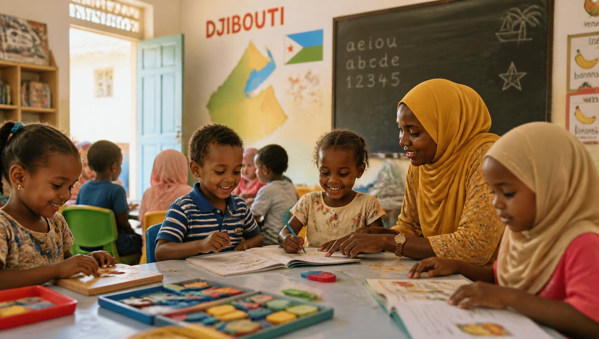 Enfants et éducatrice dans une classe préscolaire à Djibouti