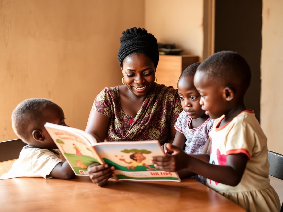Éducatrice lisant un livre avec de jeunes enfants